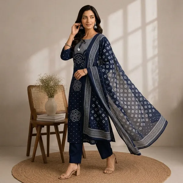 Navy_Blue_Cotton_Bandhani_Print_Kurta_Set_For_Women