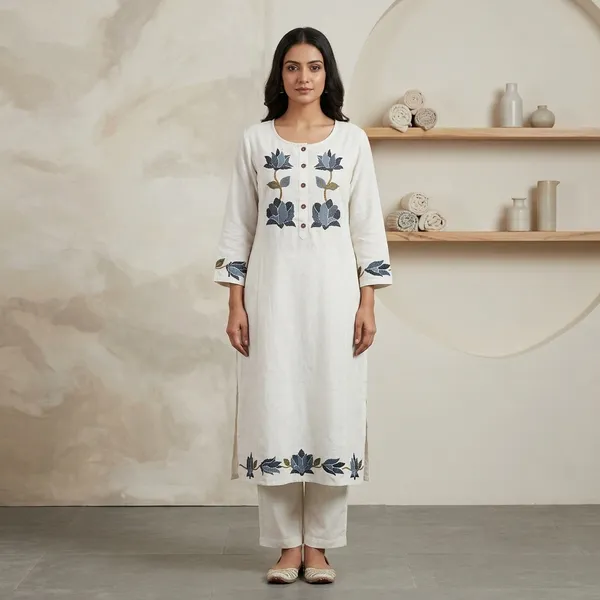 White_Cotton_Flex_Floral_Embroidered_Kurta_Set_For_Women