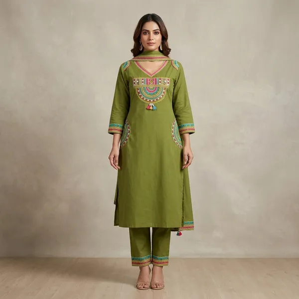 Olive_Green_Cotton_Embroidered_Suit_Set_For_Women