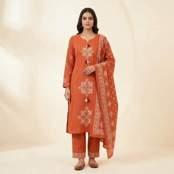 Orange_Cotton_Embroidered_Kurta_Set_For_Women