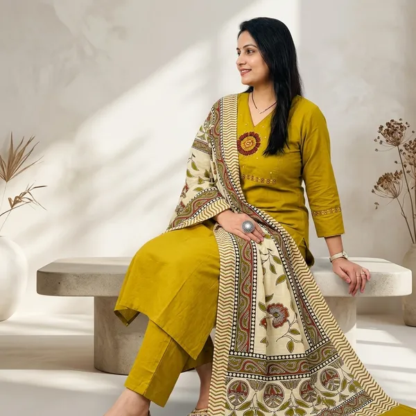 Green_Cotton_Embroidered_Kurta_Set_With_Kalamkari_Dupatta_For_Women