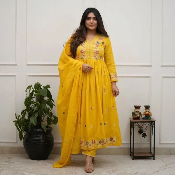 Yellow_Cotton_Anarkali_Floral_Embroidered_Kurta_Set_For_Women