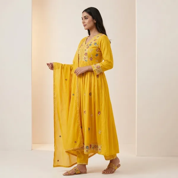 Yellow_Cotton_Anarkali_Floral_Embroidered_Kurta_Set_For_Women