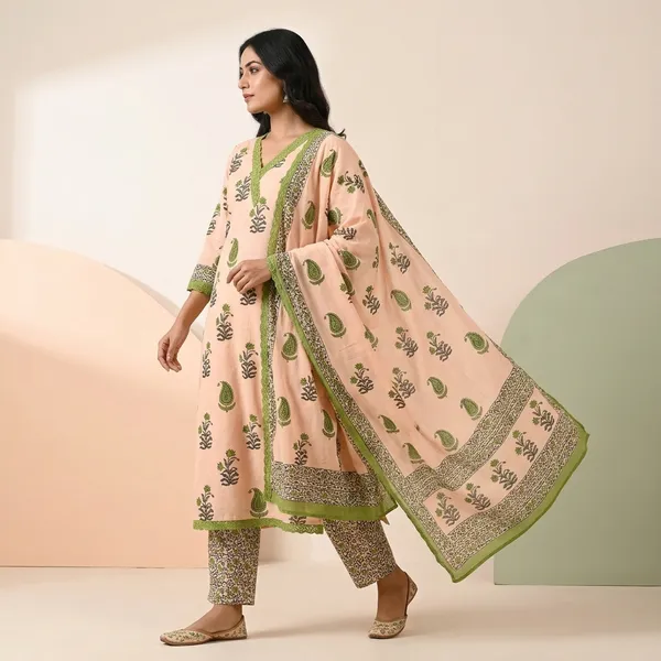Green_Cotton_Straight_Block_Print_Kurta_Set_For_Women