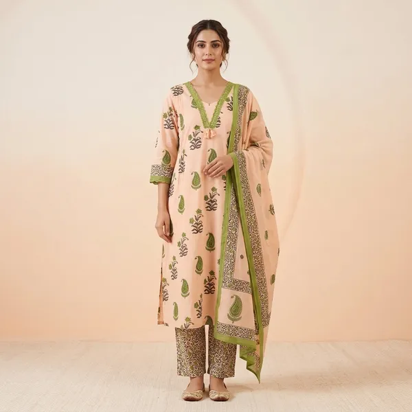 Green_Cotton_Straight_Block_Print_Kurta_Set_For_Women