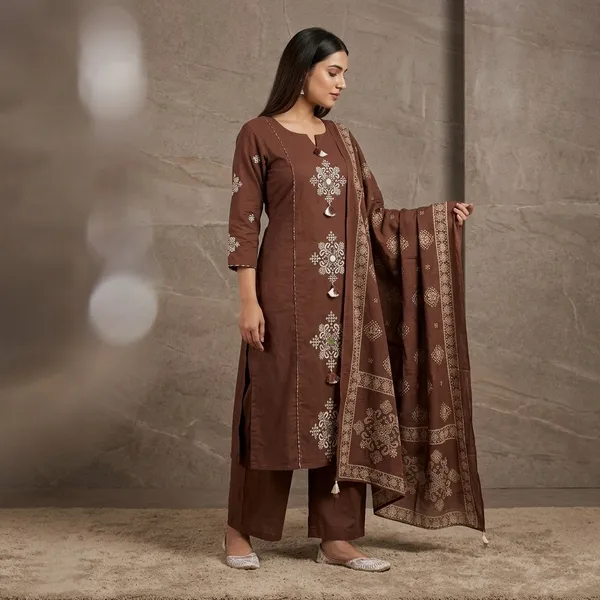 Brown_Cotton_Straight_Embroidered_Kurta_Set_For_Women