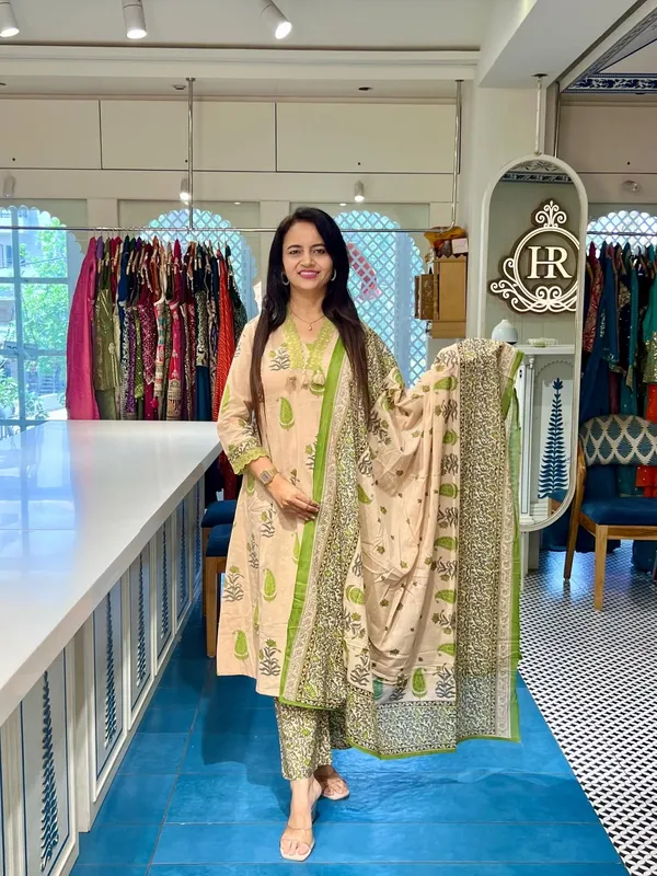Green_Cotton_Straight_Block_Print_Kurta_Set_For_Women