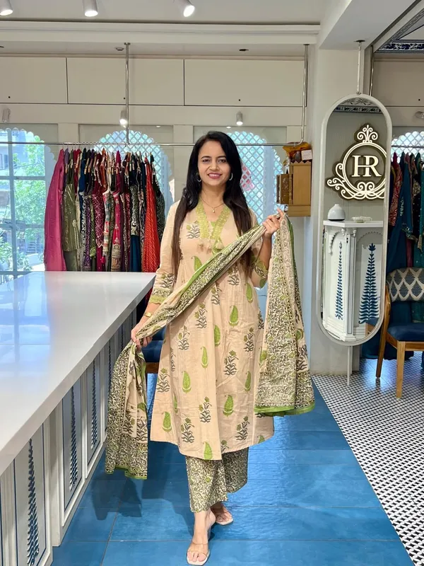 Green_Cotton_Straight_Block_Print_Kurta_Set_For_Women