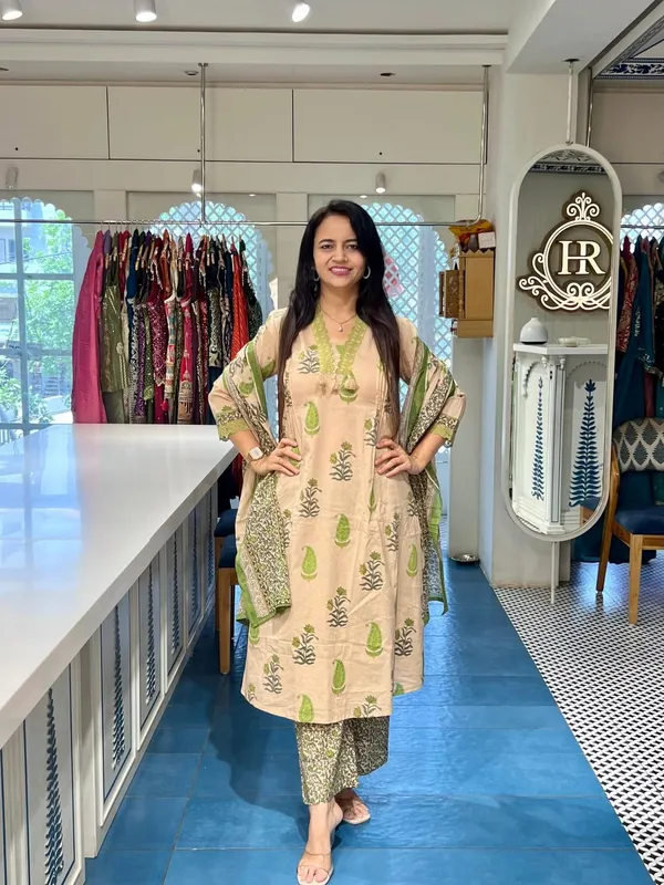 Green_Cotton_Straight_Block_Print_Kurta_Set_For_Women