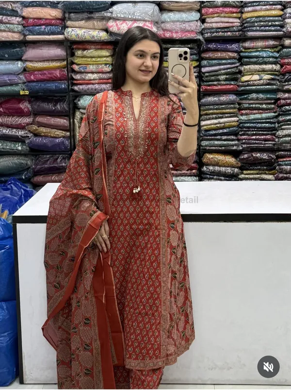 Red_Cotton_Ajrakh_Block_Print_Kurta_Pant_Set_For_Women
