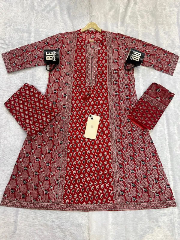 Red_Cotton_Ajrakh_Block_Print_Kurta_Pant_Set_For_Women