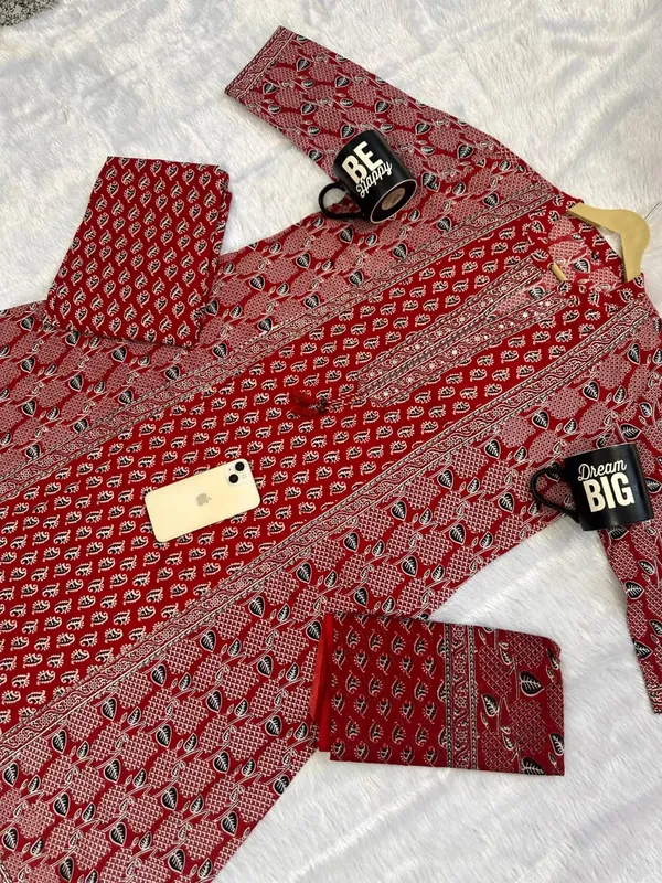Red_Cotton_Ajrakh_Block_Print_Kurta_Pant_Set_For_Women