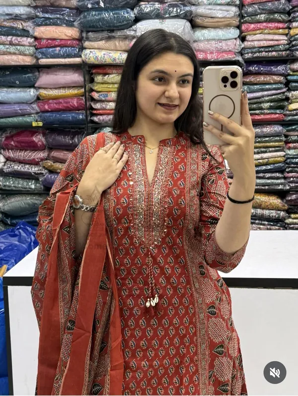 Red_Cotton_Ajrakh_Block_Print_Kurta_Pant_Set_For_Women