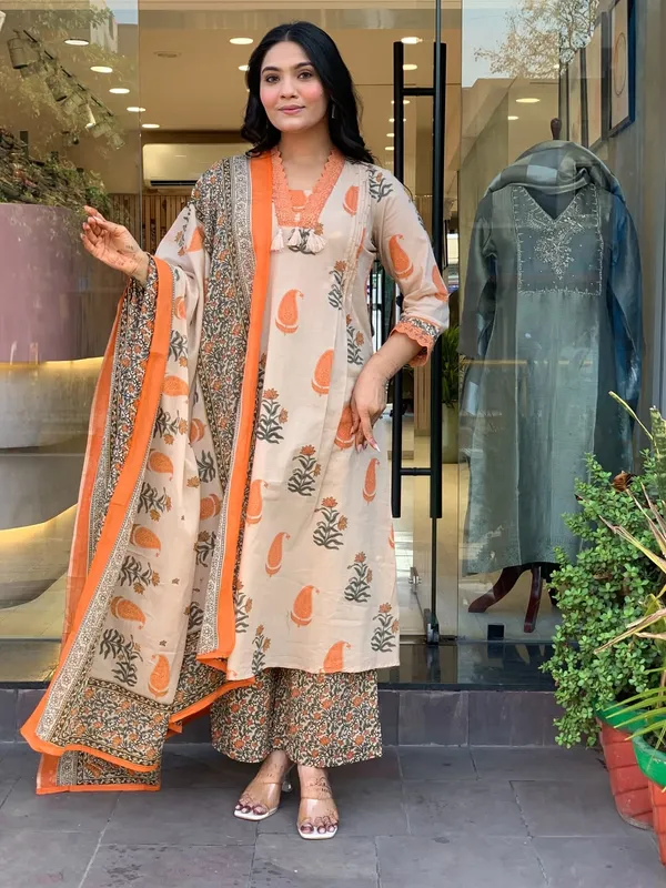 Orange_Cotton_Block_Print_Kurta_Palazzo_Dupatta_Set_For_Women