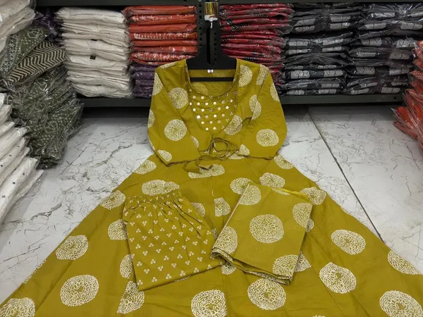 Mustard_Cotton_Anarkali_Sequin_Embellished_Kurta_Set_For_Women