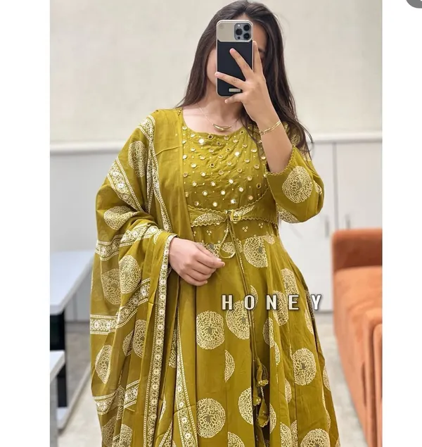 Mustard_Cotton_Anarkali_Sequin_Embellished_Kurta_Set_For_Women