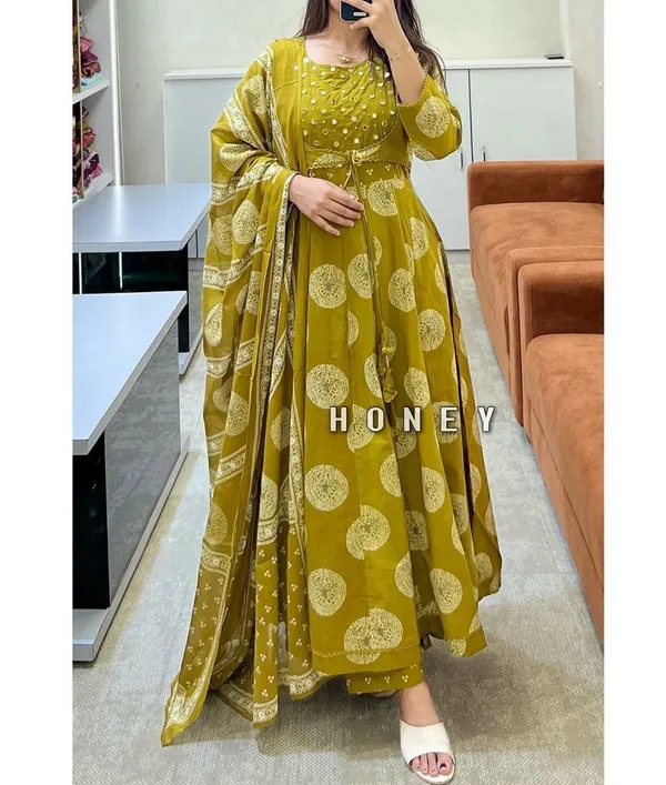 Mustard_Cotton_Anarkali_Sequin_Embellished_Kurta_Set_For_Women