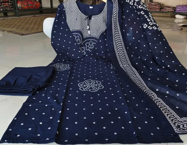 Navy_Blue_Cotton_Bandhani_Print_Kurta_Set_For_Women