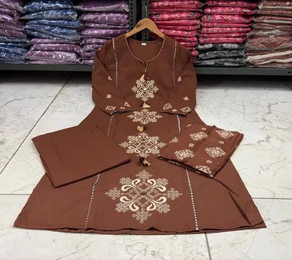 Brown_Cotton_Straight_Embroidered_Kurta_Set_For_Women