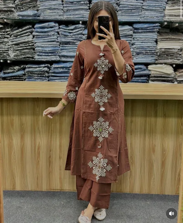 Brown_Cotton_Straight_Embroidered_Kurta_Set_For_Women