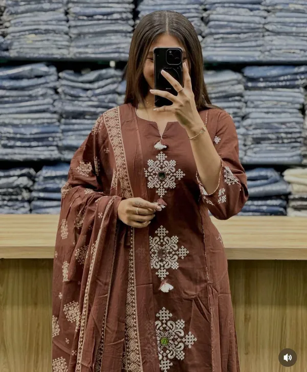 Brown_Cotton_Straight_Embroidered_Kurta_Set_For_Women