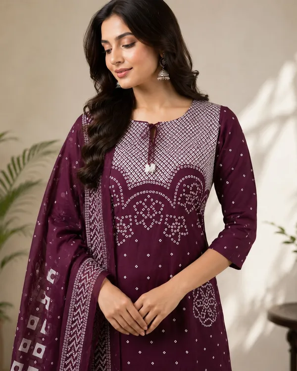 Purple_Cotton_Straight_Bandhani_Print_Kurta_Set_For_Women