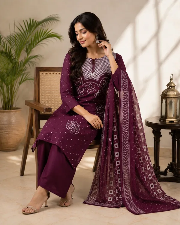 Purple_Cotton_Straight_Bandhani_Print_Kurta_Set_For_Women
