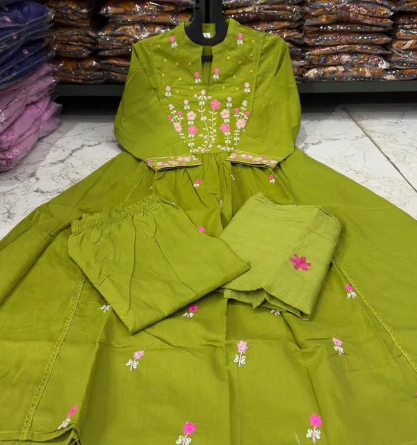 Green_Cotton_Floral_Embroidered_Anarkali_Suit_Set_For_Women