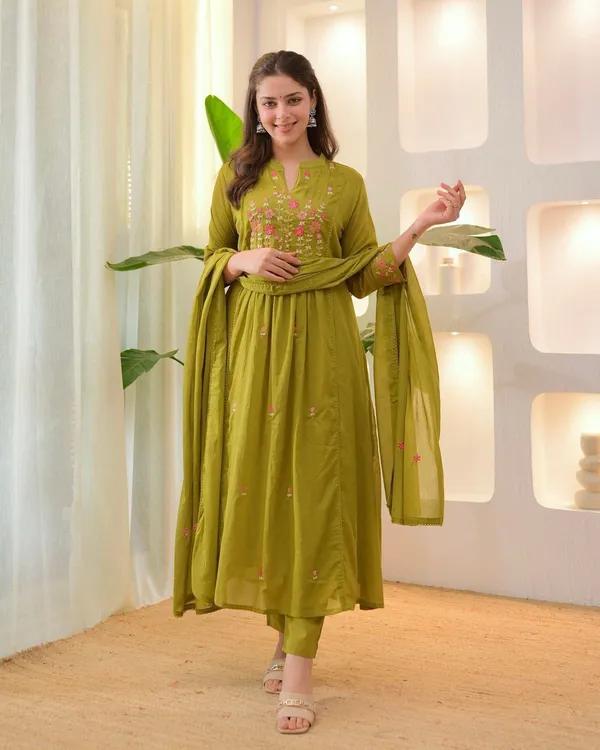 Green_Cotton_Floral_Embroidered_Anarkali_Suit_Set_For_Women