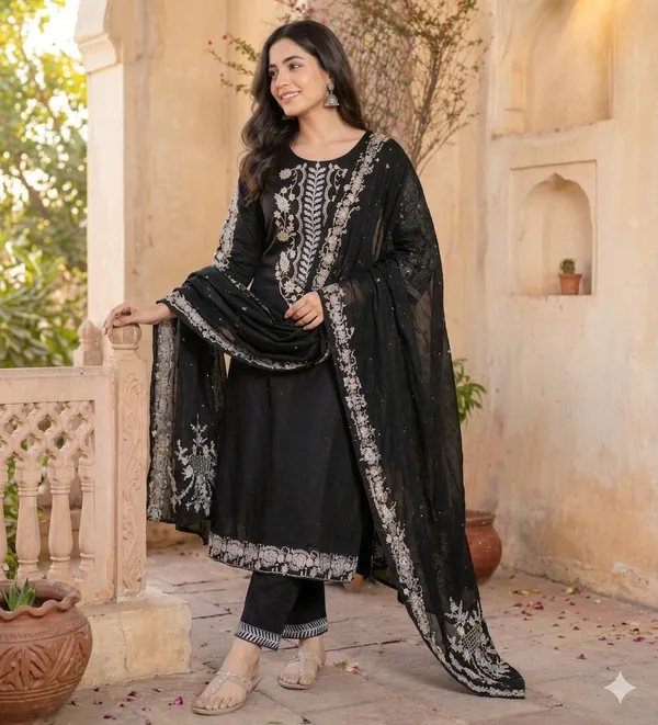 Black_Embroidered_Kurta_Pant_Set_With_Dupatta