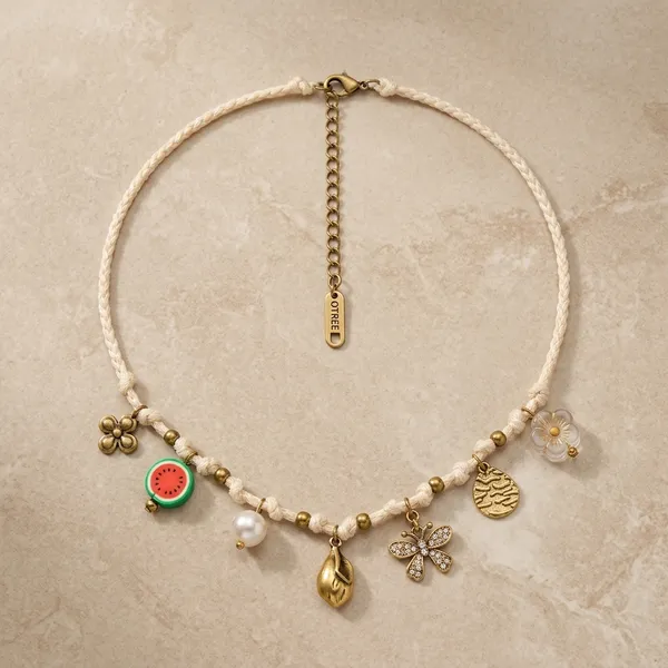 Cream_Braided_Cord_Multi_Charm_Necklace_For_Women