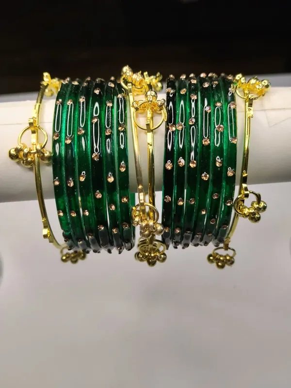 Dark_Green_Enamel_Gold_Plated_Embellished_Kashmiri_Bangle_Set_For_Women