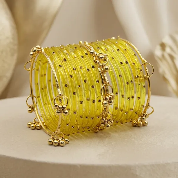 Yellow_Acrylic_Gold_Accent_Embellished_Kashmiri_Bangle_Set_For_Women