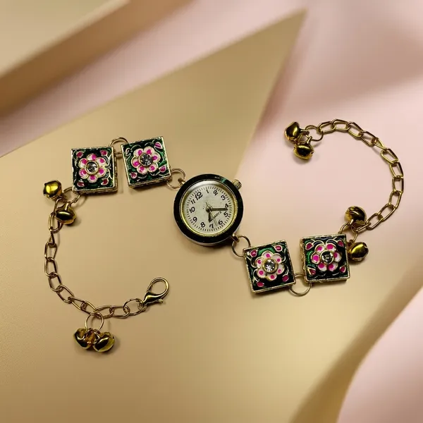 Gold_Stainless_Steel_Floral_Enamel_Kashmiri_Bracelet_Watch_
