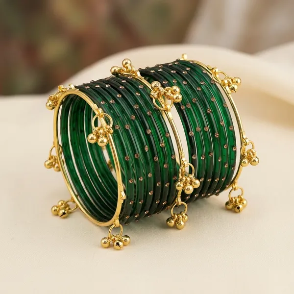 Dark_Green_Enamel_Gold_Plated_Embellished_Kashmiri_Bangle_Set_For_Women
