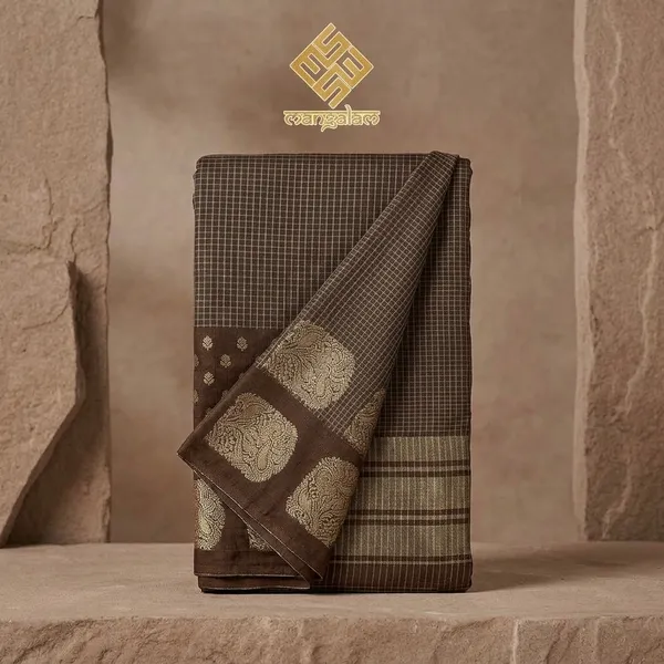 Dark_Brown_Mysore_Crepe_Checkered_Zari_Border_Saree_For_Women