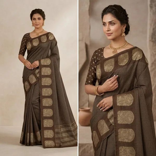 Dark_Brown_Mysore_Crepe_Checkered_Zari_Border_Saree_For_Women