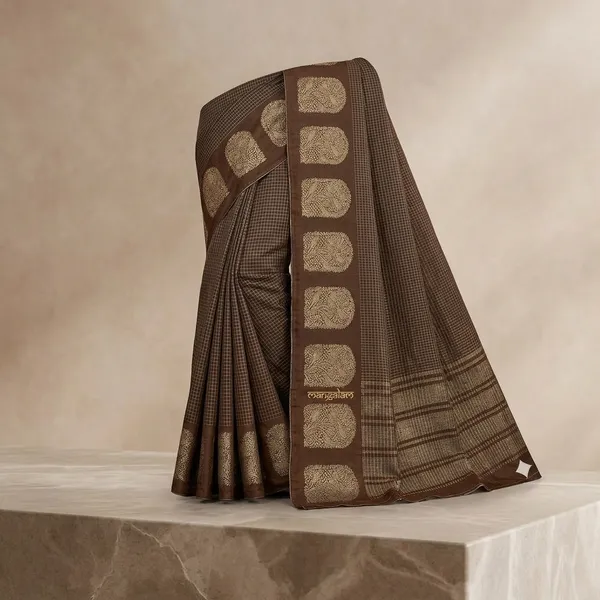 Dark_Brown_Mysore_Crepe_Checkered_Zari_Border_Saree_For_Women