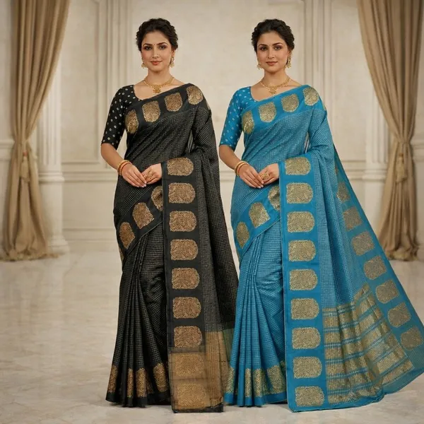 Blue_And_Black_Mysore_Crepe_Golden_Woven_Motif_And_Mysore_Crepe_Golden_Brocade_Border_Saree_For_Women_Pack_Of_2