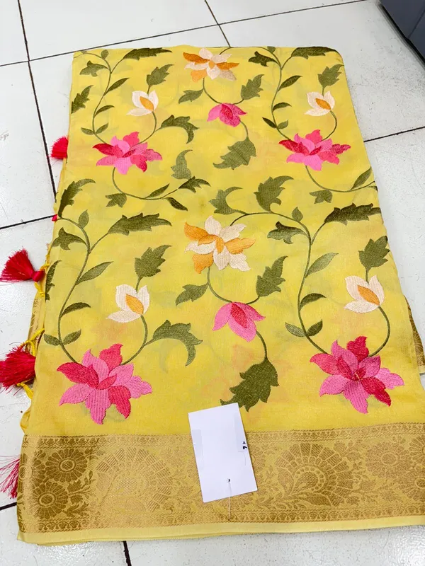 Yellow_Tussar_Silk_Lucknowi_Floral_Embroidered_Zari_Border_Saree_For_Women