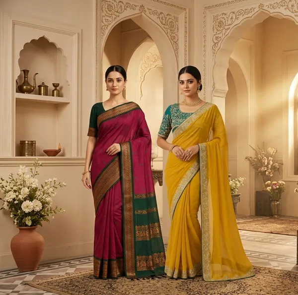 Magenta_And_Yellow_Kalyani_Cotton_Silk_Fabric_Sequin_Border_Embroidered_Blouse_Saree_For_Women_Pack_Of_2