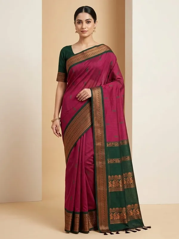 Magenta_And_Yellow_Kalyani_Cotton_Silk_Fabric_Sequin_Border_Embroidered_Blouse_Saree_For_Women_Pack_Of_2