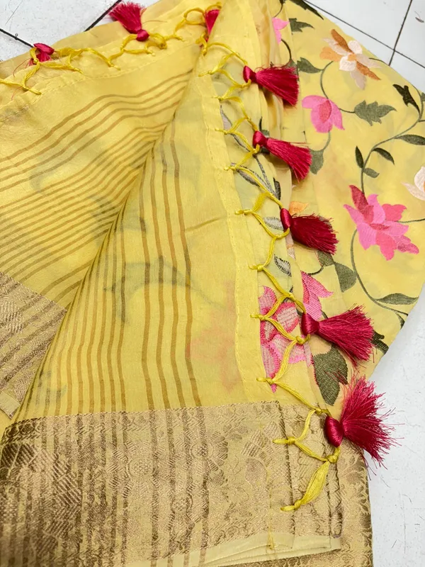 Yellow_Tussar_Silk_Lucknowi_Floral_Embroidered_Zari_Border_Saree_For_Women