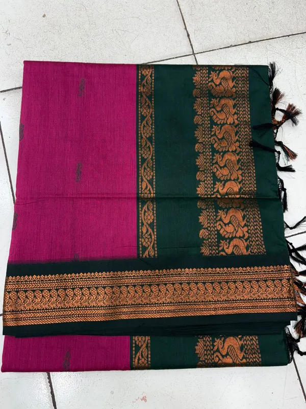 Magenta_And_Yellow_Kalyani_Cotton_Silk_Fabric_Sequin_Border_Embroidered_Blouse_Saree_For_Women_Pack_Of_2