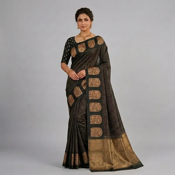 Blue_And_Black_Mysore_Crepe_Golden_Woven_Motif_And_Mysore_Crepe_Golden_Brocade_Border_Saree_For_Women_Pack_Of_2