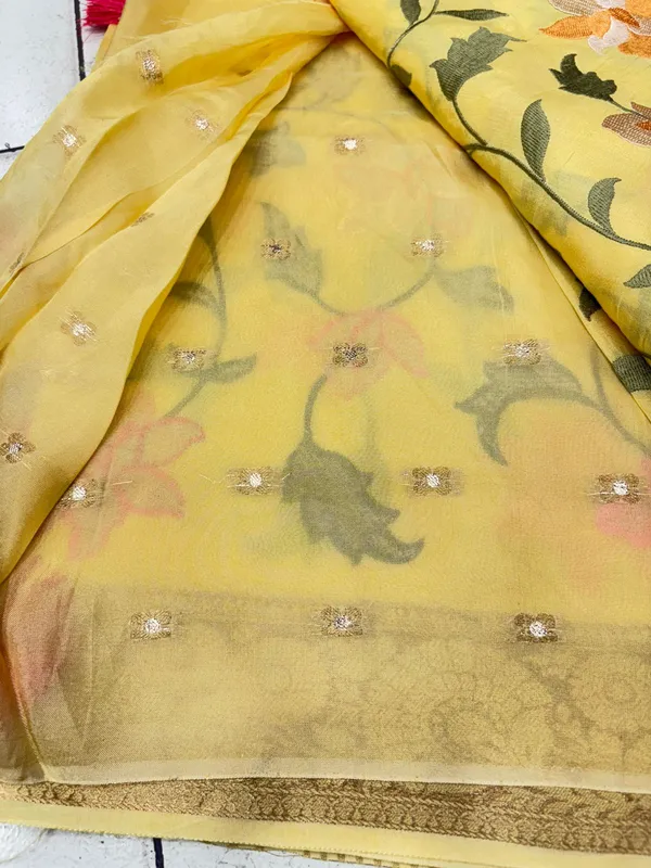 Yellow_Tussar_Silk_Lucknowi_Floral_Embroidered_Zari_Border_Saree_For_Women