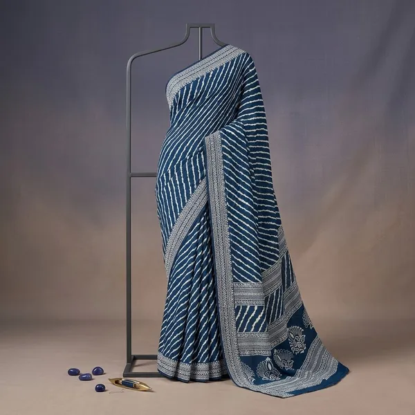 Blue_White_Dull_Moss_Diagonal_Stripe_Printed_Saree_For_Women
