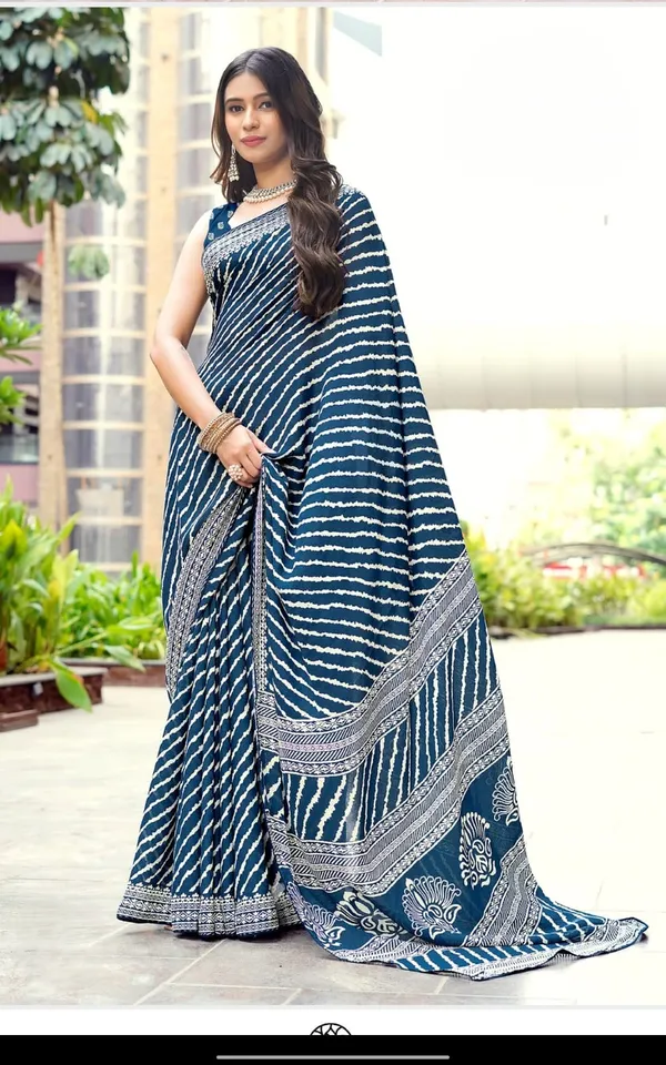 Blue_White_Dull_Moss_Diagonal_Stripe_Printed_Saree_For_Women