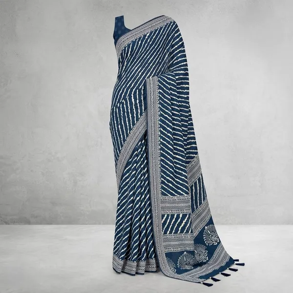 Blue_White_Dull_Moss_Diagonal_Stripe_Printed_Saree_For_Women