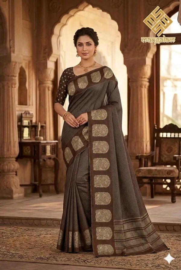 Dark_Brown_Mysore_Crepe_Checkered_Zari_Border_Saree_For_Women